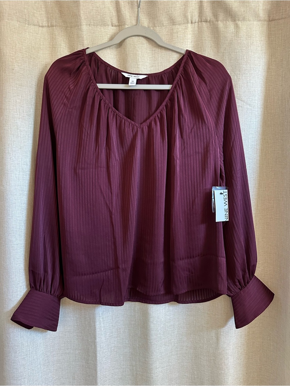 NWT Nine West Plum w/Shadow Stripe Long-Sleeve Peasant Blouse